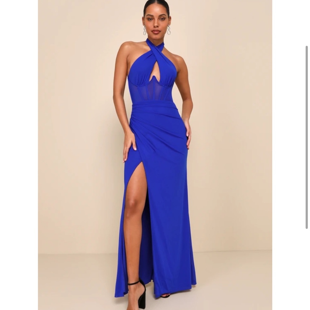 COPY - Blue Mesh Cross-Front Halter Maxi Dress 👗